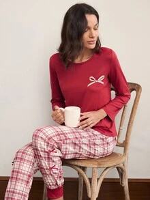 Doze Lane Women's Bow Print Round Neck Long Sleeve Plaid Casual Pajama Set - Red - View 4