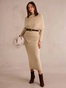 Enchnt Setelan 2 Potong Sweater Kerah Tegak Elegan Musim Gugur/Musim Dingin & Rok Rajut - Aprikot - View 5