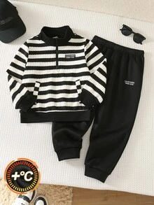 SHEIN 2件組小男孩休閒簡約條紋運動衫與長褲套裝，適合冬季 - 彩色 - 查看 3