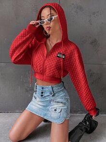 SHEIN EZwear 字母圖案落肩抽繩短版連帽衛衣，秋冬長袖上衣 - 紅色 - 查看 5