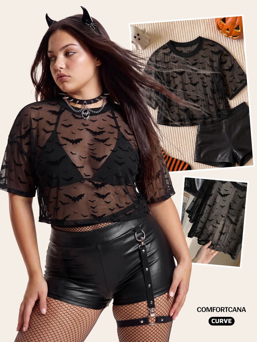Comfortcana Plus Size Women's Mesh Casual Versatile Daily Short Sleeve T-Shirt - Black - View 1