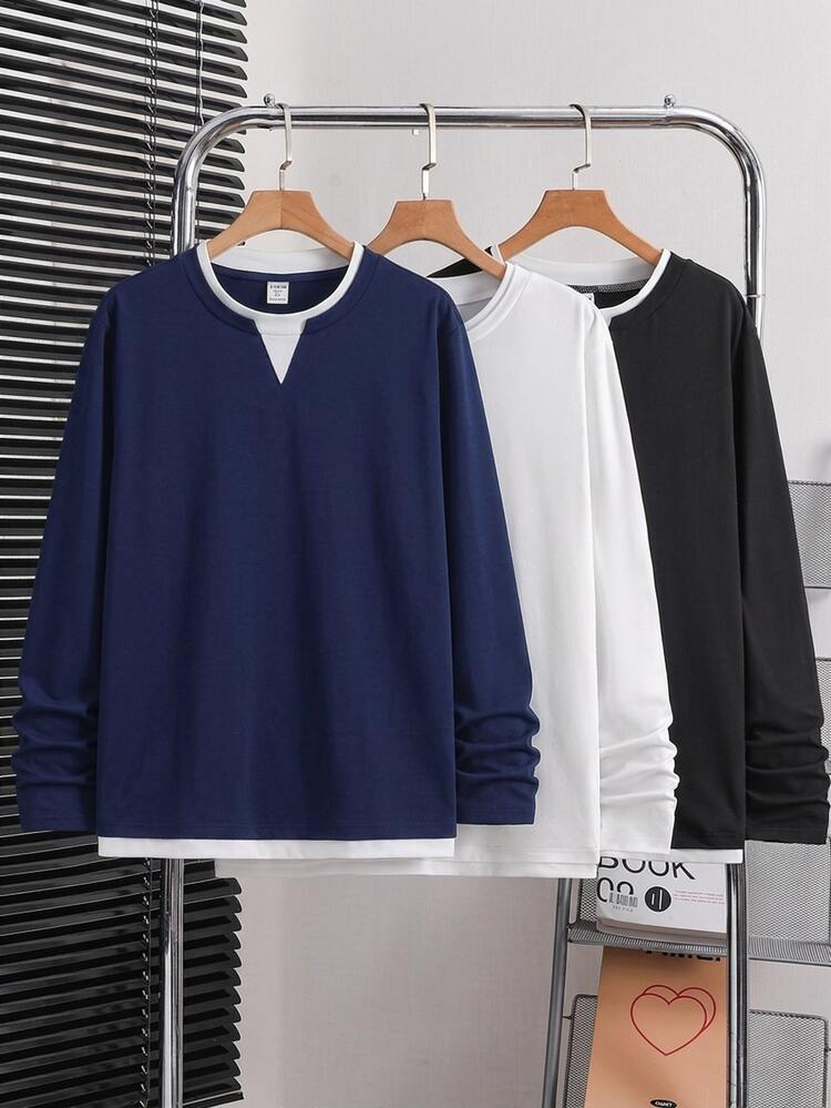 SHEIN Set Kaos Lengan Panjang Kasual 3 Potong untuk Remaja Laki-laki, Tersedia dalam Warna Hitam, Putih, dan Biru Tua. - MultiWarna - View 4