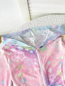 SHEIN 女童彩虹星星印花連帽外套與寬腿長褲2件套，街頭運動風，返校季，學院風 - 彩色 - 查看 6