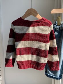 SHEIN 中性嬰兒男/女童、幼兒秋冬保暖內裡加厚可愛紅色條紋毛衣，嬰兒冬季毛衣，聖誕毛衣 - 紅色 - 查看 3