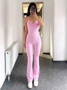 SHEIN Core Rhythm Women's Solid Color Waist-Cinching Butt-Lifting Fitness Workout Jumpsuit - Baby Pink - View 3
