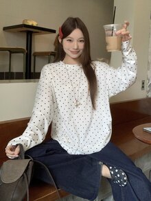 DAZY 拼接休閒直筒圖案印花青少年女款T恤上衣 秋季 - 白色 - 查看 4