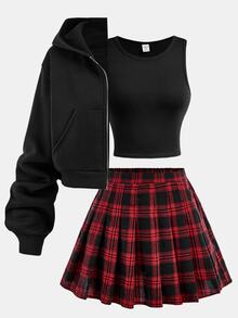 SHEIN Girlism Moletom com Zíper Preto para Adolescentes, Colete de Tricô Solto, Saia Plissada Xadrez Vermelha e Preta, Conjunto de 3 Peças Casual para Escola - Multicolorido - Visão 14