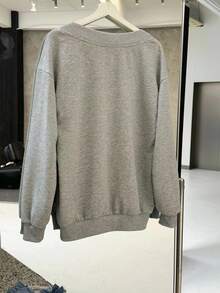SHEIN EZwear 女款V領寬鬆大尺寸休閒極簡馬匹圖案衛衣，適合秋冬穿著 - 灰色 - 查看 2
