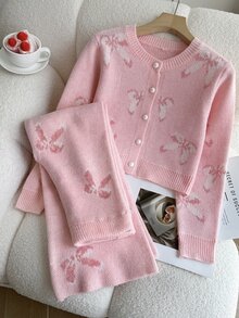 Girls' Autumn/Winter Fashion Casual Heart Pattern Jacquard Knit Sweater Long Sleeve Cardigan And Long Pants Set With Handmade Bow Decor - Dusty Pink - View 4