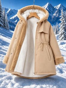SHEIN 秋冬新款青少年女孩保暖內裡連帽中長版填充外套，收腰設計，羊羔毛領，加厚卡其色外套，寬鬆版型，時尚保暖，適合日常通勤、外出、聚會、拍照 - 卡其色 - 查看 6