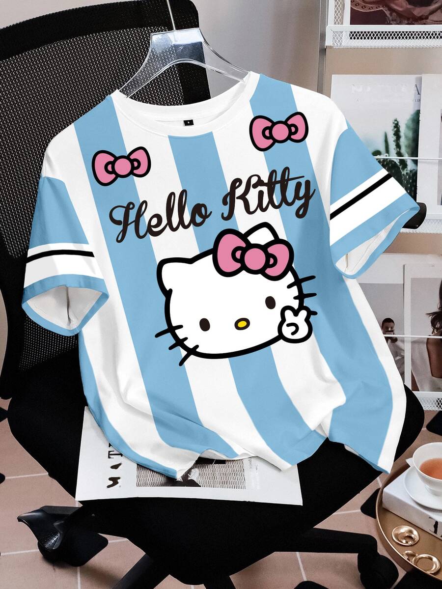 HELLO KITTY AND FRIENDS | SHEIN 女款字母卡通印花休閒日常短袖T恤 - 白色 - 查看 1