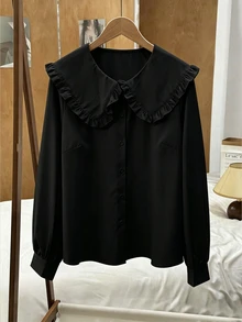 GlowEve CURVE Regalyn Plus Size Women's Solid Color Cute Korean Peter Pan Collar Blouse, Suitable For Spring And Autumn Layering Fall - Black - View 1