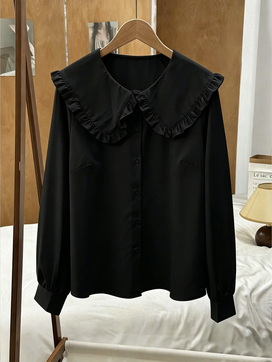 GlowEve CURVE Regalyn Plus Size Women's Solid Color Cute Korean Peter Pan Collar Blouse, Suitable For Spring And Autumn Layering Fall - Black - View 1
