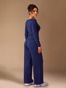 EMERY ROSE Plus Size Women Solid Color Pleated Long Sleeve Top And Pants Casual Daily 2 Pieces Set - Navy Blue - View 6