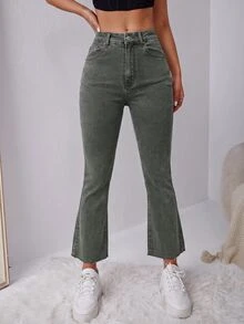 SHEIN EZwear 女款休閒百搭日常旅行牛仔褲，附口袋與鈕扣設計 - 軍綠色 - 查看 4