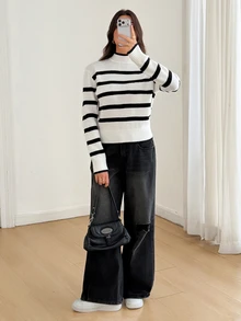 SHEIN Tall Women's Black And White Striped Turtleneck Long Sleeve Casual Sweater - Black and White - View 7