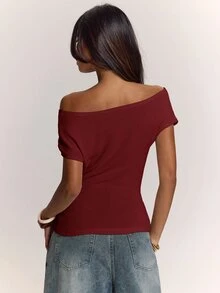 SHEIN BAE 春夏款純色杏色/沙色不對稱領口綁帶女款上衣 - 酒紅色 - 查看 2