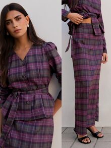 Nöista Plaid Two Pieces Skirt Set With Tailored Fit. Fall, Office Wear And Elegant Style. - Rust Brown - View 2