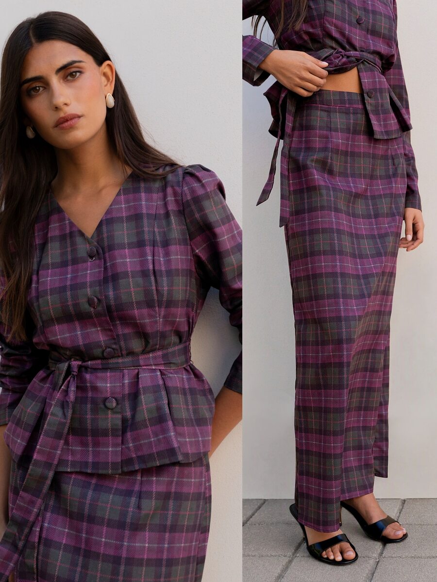 Nöista Plaid Two Pieces Skirt Set With Tailored Fit. Fall, Office Wear And Elegant Style. - Rust Brown - View 1