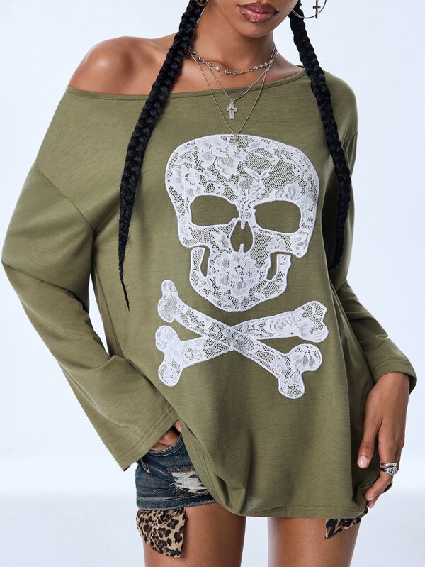 Y2Kool Olive Green Lace Skull Applique Embroidery Halloween Y2K Hot Girl Casual Street Dark Punk Women Off-Shoulder Loose Long Sleeve T-Shirt, Suitable For Summer Fall Party Holiday Island Vacation Music Festival Electronic Music Festival Daily Halloween Outfit