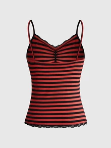 ROMWE Women's Lace Trim Striped Casual Versatile Daily Wear Camisole - Red - View 2