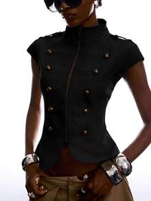 LYSMO Women's Street Style Double-Breasted Zipper Jacket - Navy Blue - View 8
