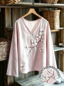 Franclia Women's 3D Floral Decor Casual Versatile Daily Wear Blouse - Pink - View 1