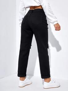 SHEIN EZwear 女款休閒日常穿著牛仔褲，附口袋、鈕扣與破洞設計 - 黑色 - 查看 2