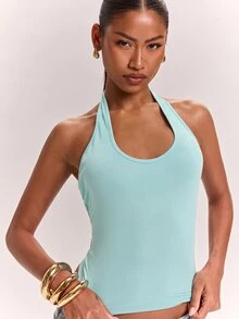 SHEIN BAE 女款針織純色棕色休閒通勤掛脖露背扭結性感可穿搭背心，適合休閒通勤、日常穿著，棕色T恤，棕色上衣，寬鬆可穿搭上衣，棕色掛脖露背上衣 - 薄荷綠 - 查看 7