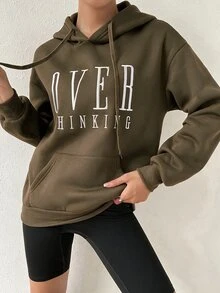 SHEIN 女款字母印花抽繩連帽休閒日常長袖運動衫 - 橄欖綠 - 查看 6