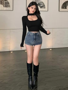 Joudiya 女款純色修身百搭日常長袖T恤 秋季 - 黑色 - 查看 3