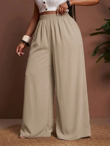 Veslaya Plus Size Casual Vacation Elastic Waist Loose Wide Leg Pants Fall - Apricot - View 6