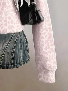 SHEIN EZwear 經典粉色豹紋半拉鍊女款運動衫，棕色調，秋季休閒街頭風，適合多種場合，Y2K復古風格，返校季秋冬上衣 - 彩色 - 查看 4