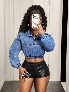 Slaydiva ملابس علوية جينز نسائية كاجوال متعددة الاستخدامات للاستخدام اليومي بتصميم مكشكش - الأزرق - مشاهدة 7