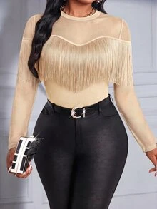 SHEIN Lady 大尺碼女款流蘇設計休閒日常長袖T恤 - 杏色 - 查看 5