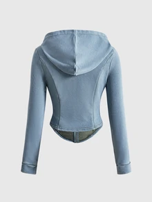 ROMWE Street Life Washed Waist-Cinching Hooded Turquoise Green Casual Commute Knit Sweatshirt For Women - Green - View 2