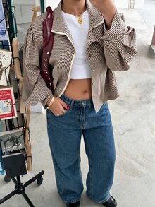 Muchica 大尺碼女款格紋拉鍊休閒百搭日常長袖夾克 - 棕色 - 查看 3