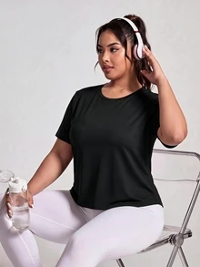 Dewbera Dewbera Women's Plus Size Drawstring Back Sports T-Shirt - Black - View 4