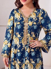 Al Najma 大尺碼女款 V 領花卉印花休閒派對阿拉伯風洋裝 - 藏蓝色 - 查看 6