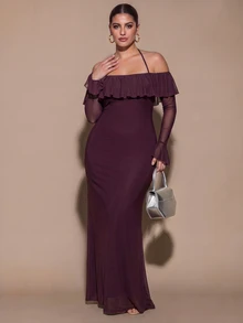 SHEIN BAE CURVE 大尺碼女款長袖紫色露背掛脖洋裝 - 紫色 - 查看 6