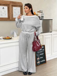 Muchica Plus Size Asymmetrical Shoulder Sweatshirt And Drawstring Waist Flared Pants 2 Pieces Set Fall - Light Grey - View 4