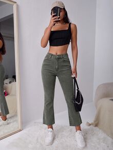 SHEIN EZwear 女款休閒百搭日常旅行牛仔褲，附口袋與鈕扣設計 - 軍綠色 - 查看 5