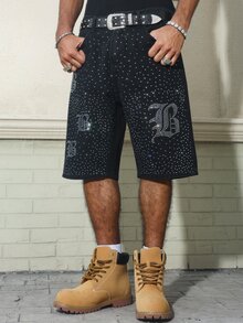 GALLERY FADE Men's American Street Hip-Hop Gothic Style Rhinestone Party Lifestyle Black Washed Bermuda Denim Shorts - Black - View 4
