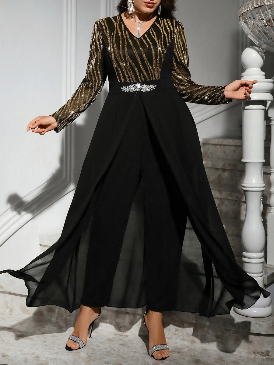 Reflora Mono de moda diario para mujer talla grande con cuello en V y decoración de strass - Negro - Ver 1