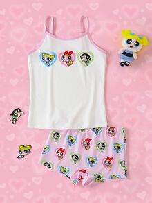 THE POWERPUFF GIRLS X SHEIN Tween Girl Cartoon Print Camisole And Hipster Panty Casual Daily Underwear Set - Pink - View 3