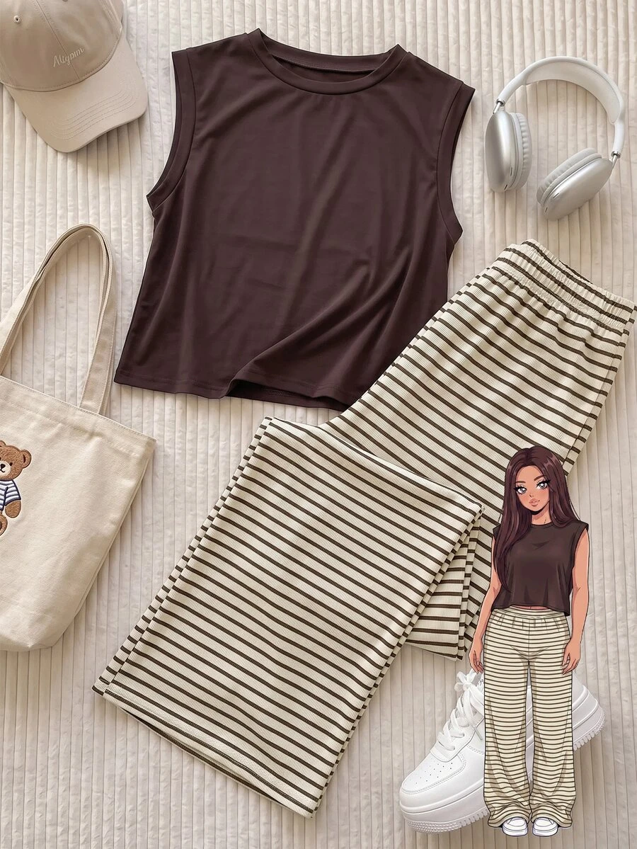 Comfortcana Plus Size Women's Solid Color Top And Striped Pants Casual Everyday 2 Pieces Set - Brown - View 1