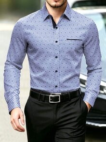 Manfinity Homme 男士大尺碼商務休閒長袖襯衫 - 藍白色 - 查看 1