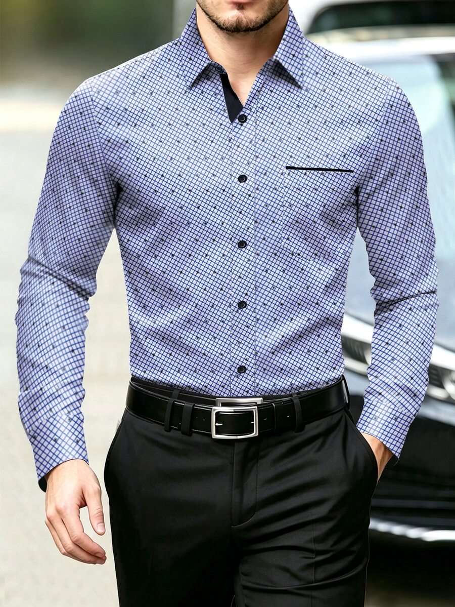 Manfinity Homme 男士大尺碼商務休閒長袖襯衫 - 藍白色 - 查看 1