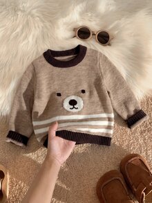 SHEIN Playful Pals 男嬰秋冬休閒拼色條紋針織套頭衫 - 咖啡棕 - 查看 1