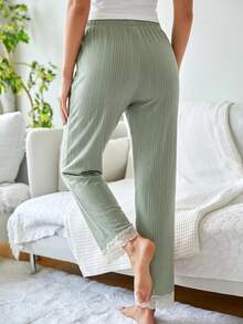SHEIN Cotton Women Textured Lace Trim High Waist Sleep Pants – Green Color, Solid Pattern, Long Length - Mint Green - View 2